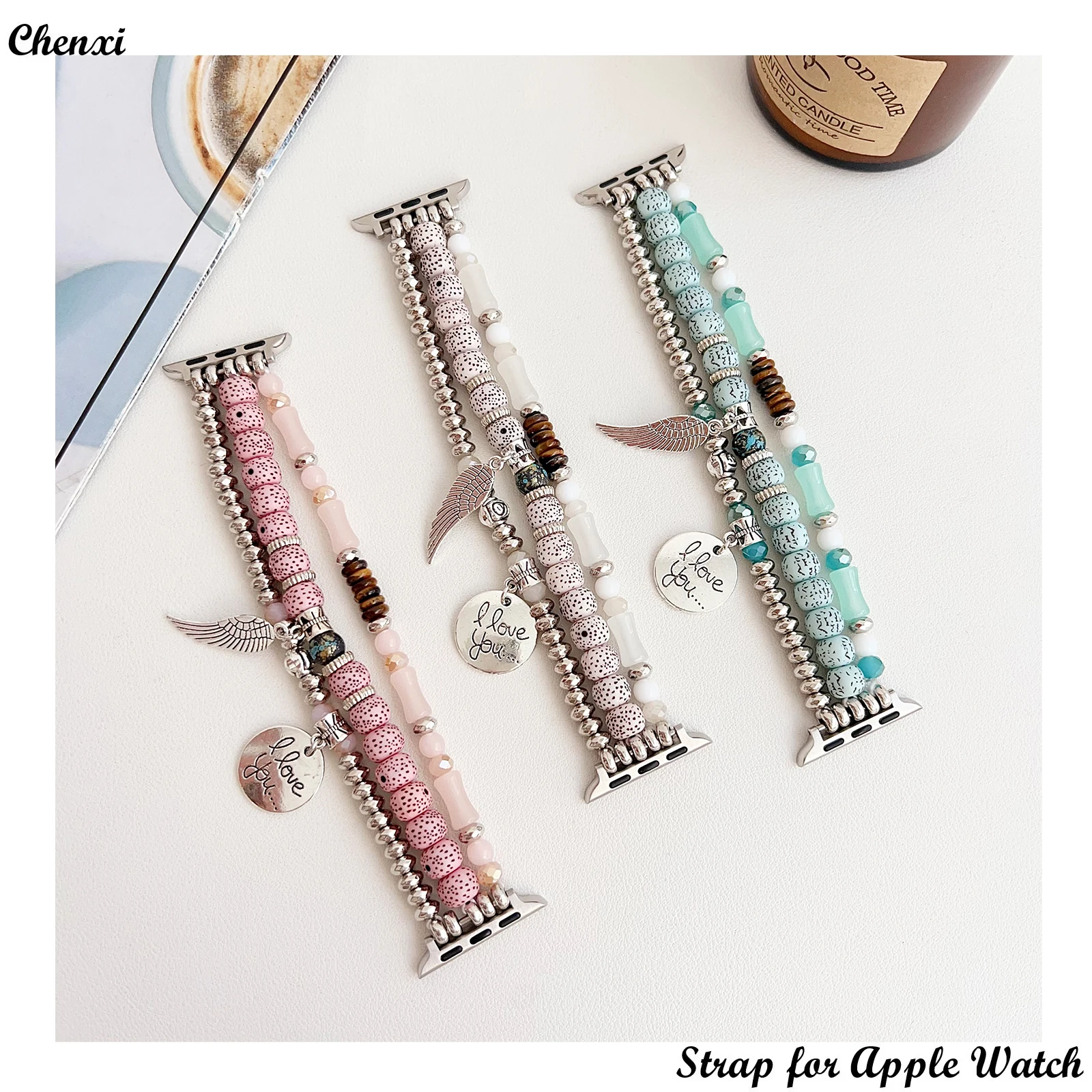 

Boho Bead Strap for Apple Watch Band Elastic Bracelet Iwatch876543SE Ultra 38 40 41 42 44 45mm Wing Ornament Pearl Women Wrist