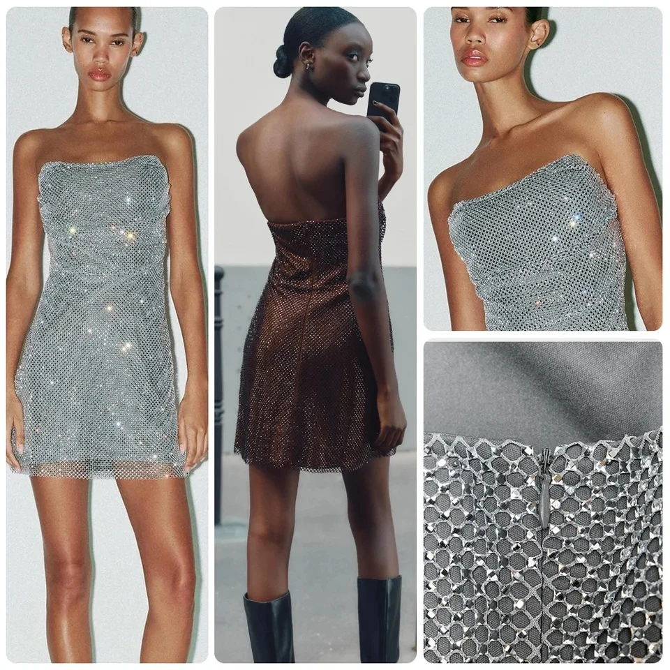 

2026 New Shiny Style Rhinestone Mesh Sexy Strapless Off Shoulder Waist Cinched Hugging Short Dress
