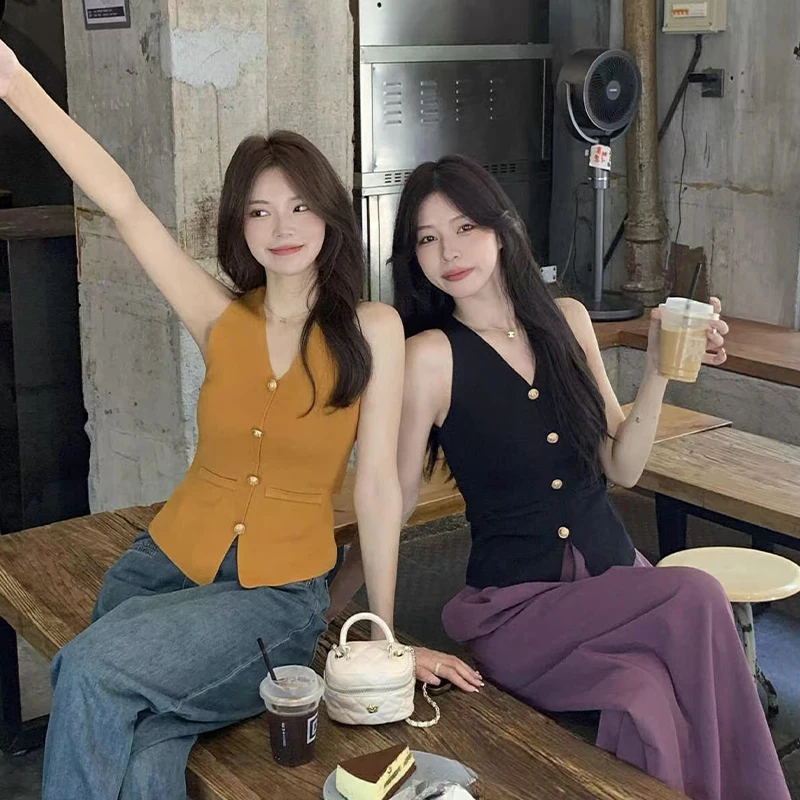 Knit Vest Women Cardigan Sweater Vintage Vest Sleeveless Knitted Vest Casual V-neck Lady Tops