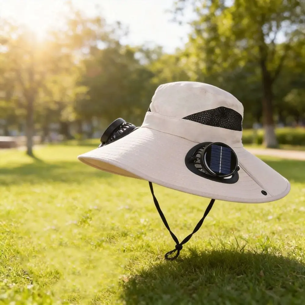 Dual Fan Solar Fan Hat 3 Speeds UV Protection Summer Fan Visor Cap Strong Wind Lightweight Wide Brim Sun Cap Camping