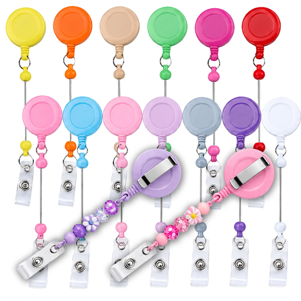6/12Pcs Random Color Beadable Retractable Badge Reel Clips ID Card Holders Nurse Office Keychain Craft TMZ