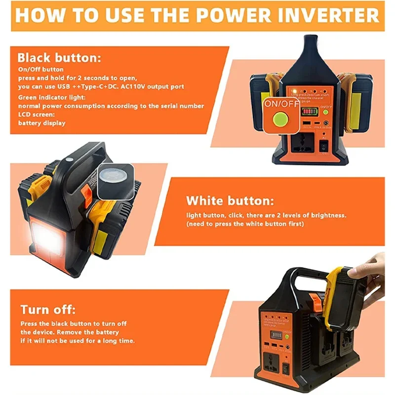 Inverter a doppia onda sinusoidale 300 w4 per batteria Makita /Milwaukee 18v a AC 110V/220V USB PD3.0 convertitore Power Bank Tpye-C con luce