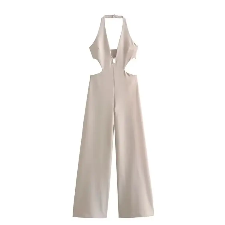 

2023 Woman Hangning Neck Backless Long Jumpsuits Fashion Single Breasted Vintage Sleeveless Causal Elegant Playsuit Tops