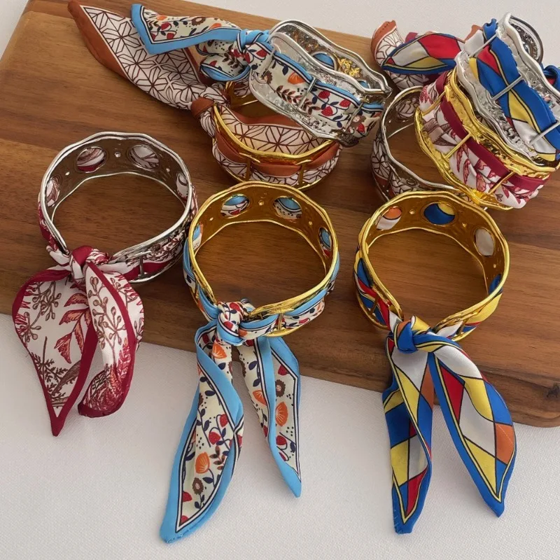 Minar French Colorful Printed Scarves Knotted Twist Irregular Water-wave Chunky Bangles for Women Mujer Casual Cuff Bracelets