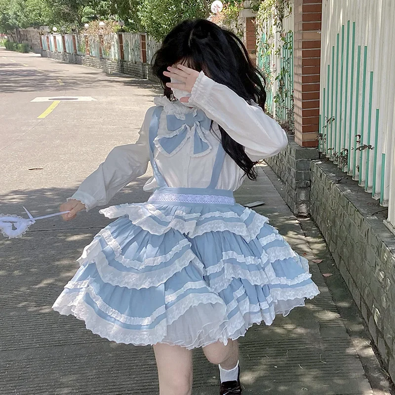 Saia de renda Lolita com laço, Saia Kawaii para menina, Retro e Linda, Vitoriana e Gótica, Fresca e Doce, Loli, Estudante Japonesa