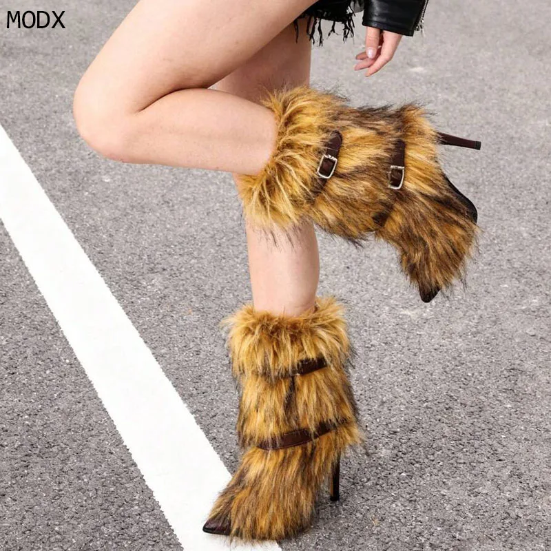 

2025 Меховые сапоги до середины икры с острым носком, модные теплые туфли на шпильке с ремешками на щиколотке, зимние однотонные плюшевые сексуальные вечерние модельные туфли