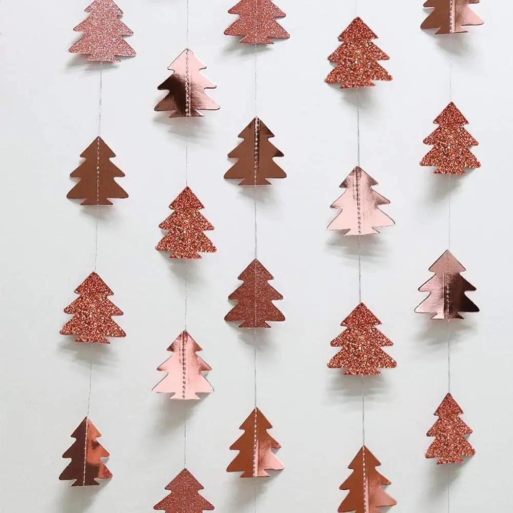 Rose Gold Mirror Glitter Christmas Tree Ornament Paper Garland Hanging Pendant for Home Christmas Trees Banners Party Decoration