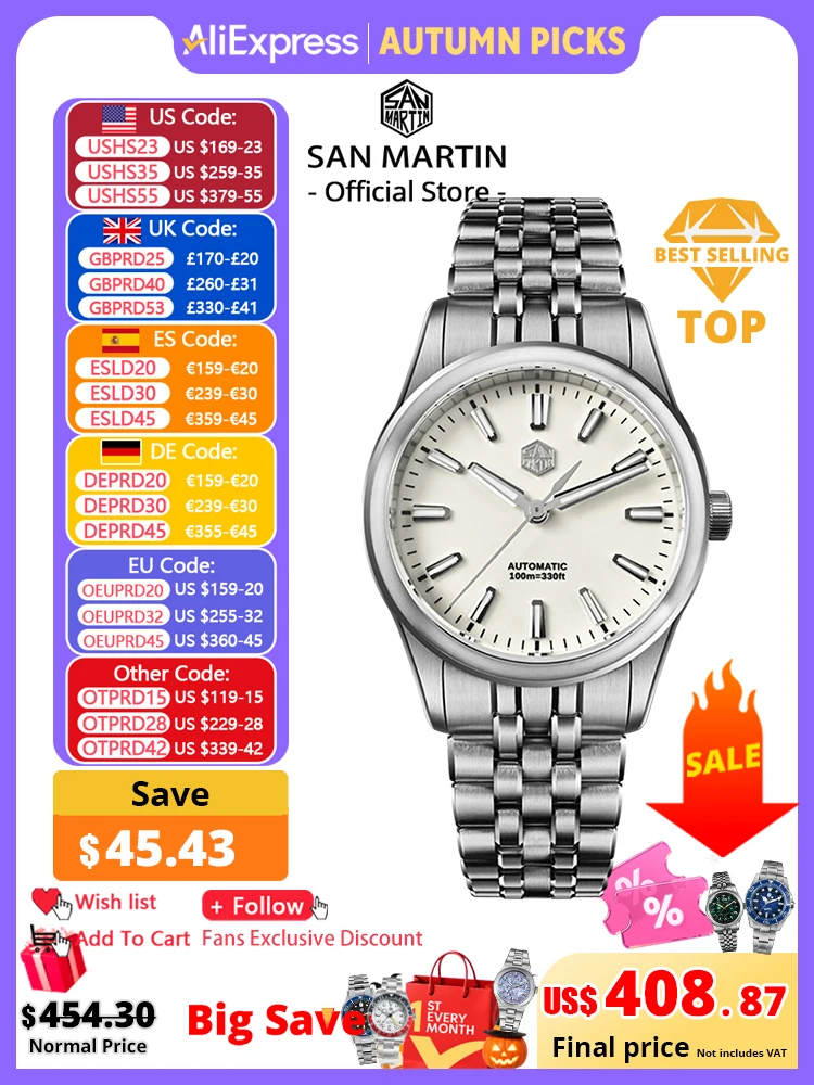San Martin 36mm Gada Watch Classic Simple Enamel Dial Miyota 90S5 Original Design Dress Men Automatic Mechanical Watches SN0144