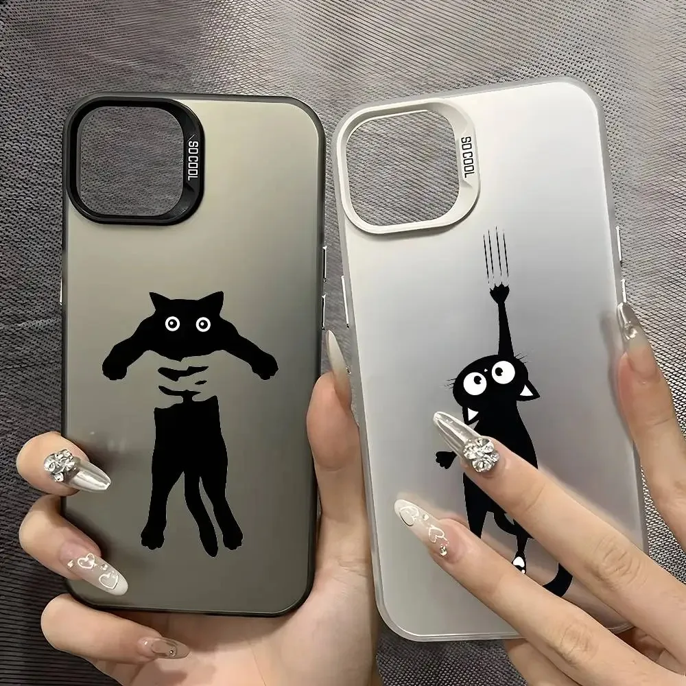 Black Cat Cute Cartoon Phone Case For iPhone 11 12 13 Pro Max 15 16 17 Plus 16E 17 Air Multicolor Aurora Laser Shockproof Cover