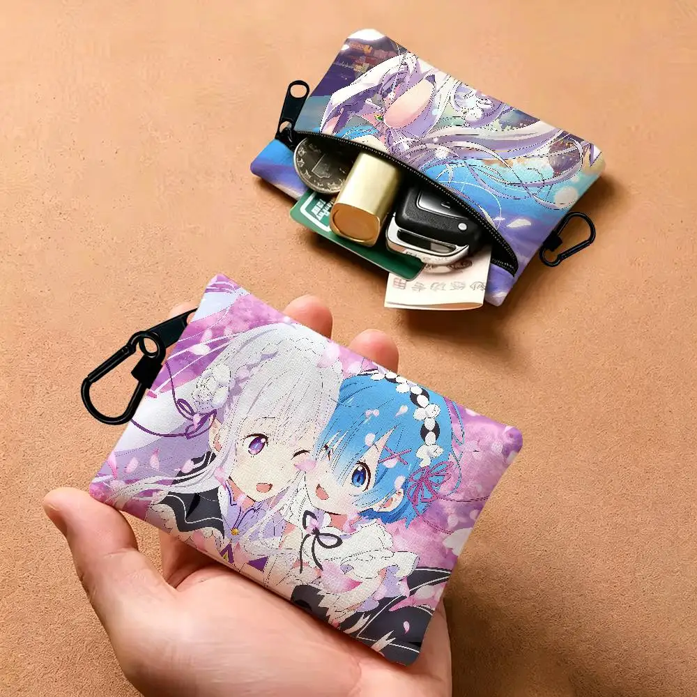 Classic vintage R-Re Zero Anime Oxford Cloth Zipper Coin Purse Portable Hanging Key Pouch Organizer For Travel Cosmetic Bag