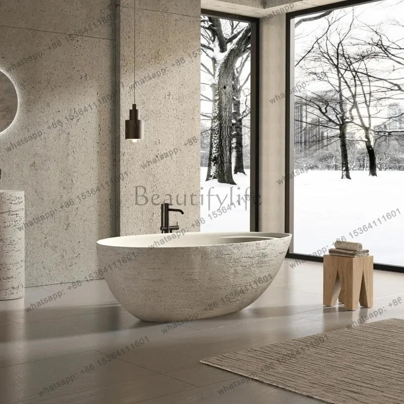 Custom Natural Beige Roman Travertine Bathtub Freestanding Soaking Tub Luxury Villa Hotel Easy Clean Heat Retaining