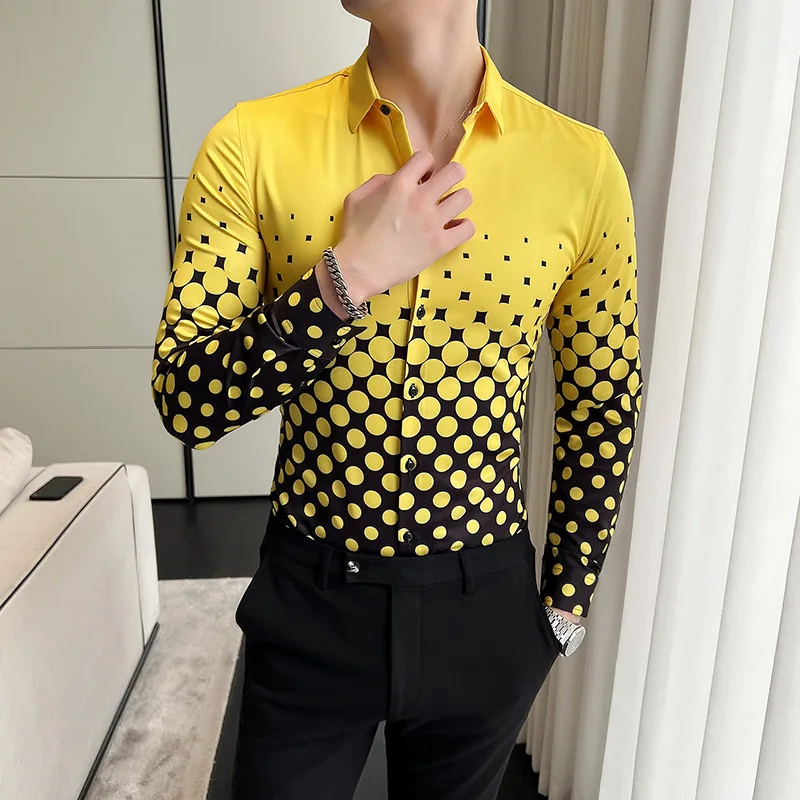 LIFENWENNA Fashion Digital Print Shirt Men New Style Luxury Polka Dot Fancy Long Sleeve Shirts Party NightClub Slim Fit Blouse