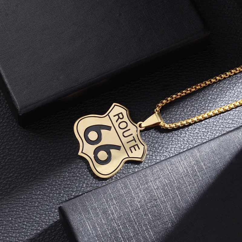 Fashion Route 66 Mother Road Pendant Stainless Steel Necklace Mens Womens Vintage Bike Race Party Jewelry