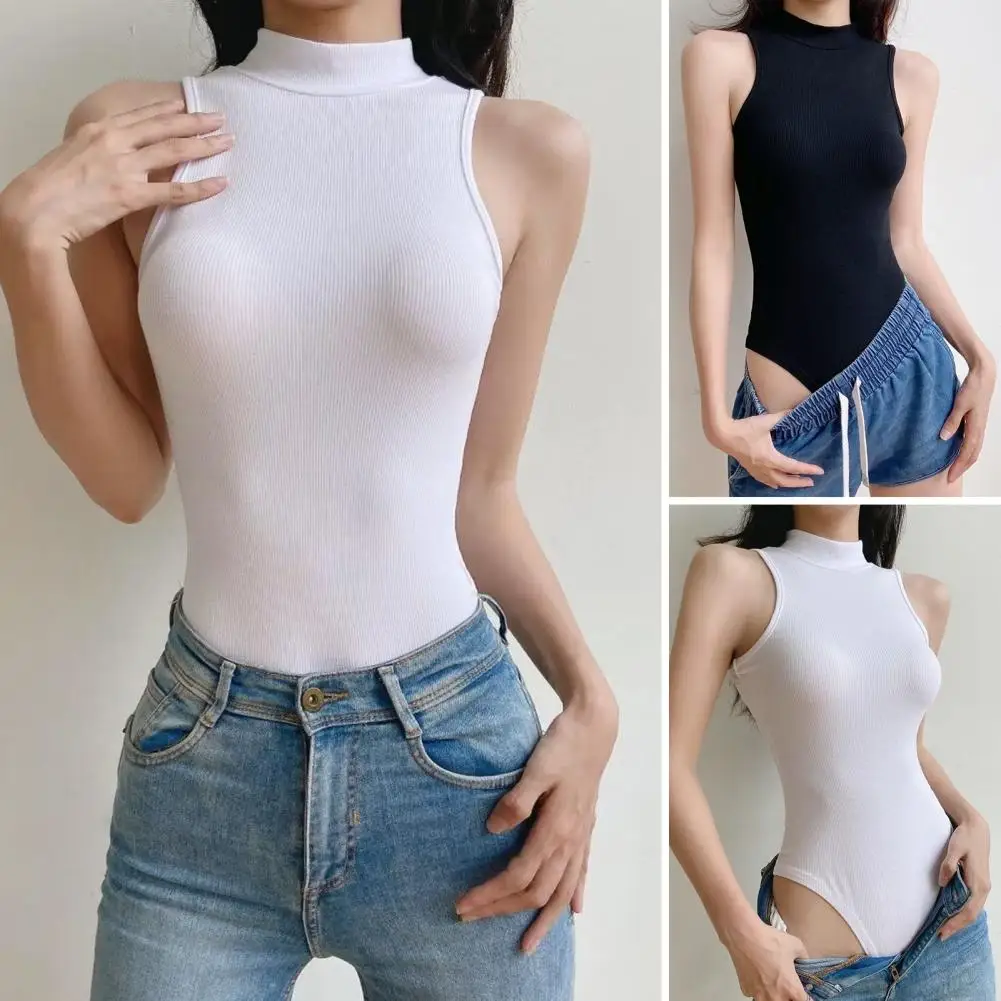 

Women Bodysuit Stylish Women's Turtleneck Bodysuit Slim Fit One-piece Romper Solid Color Bottoming Shirt for Summer Fashion