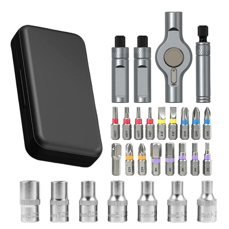 A76I-T Handle 25 In 1 Magnetic Ratchet Screwdriver Set Featuring 7 CR-V Metric Sockets S2 Alloy Steel Bits, Allen Wrench