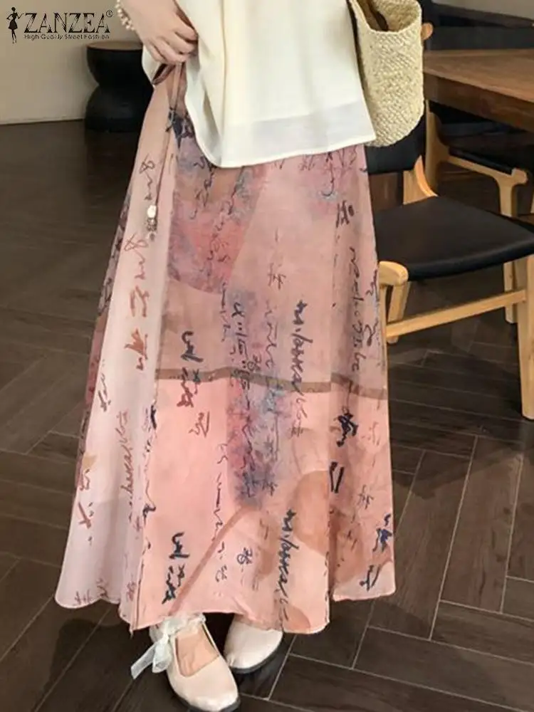 ZANZEA Women Culture Print Overskirts Vintage New Chinese Long Skirt Elegant Elastic High Waist Jupes Fashion Side Strap Faldas