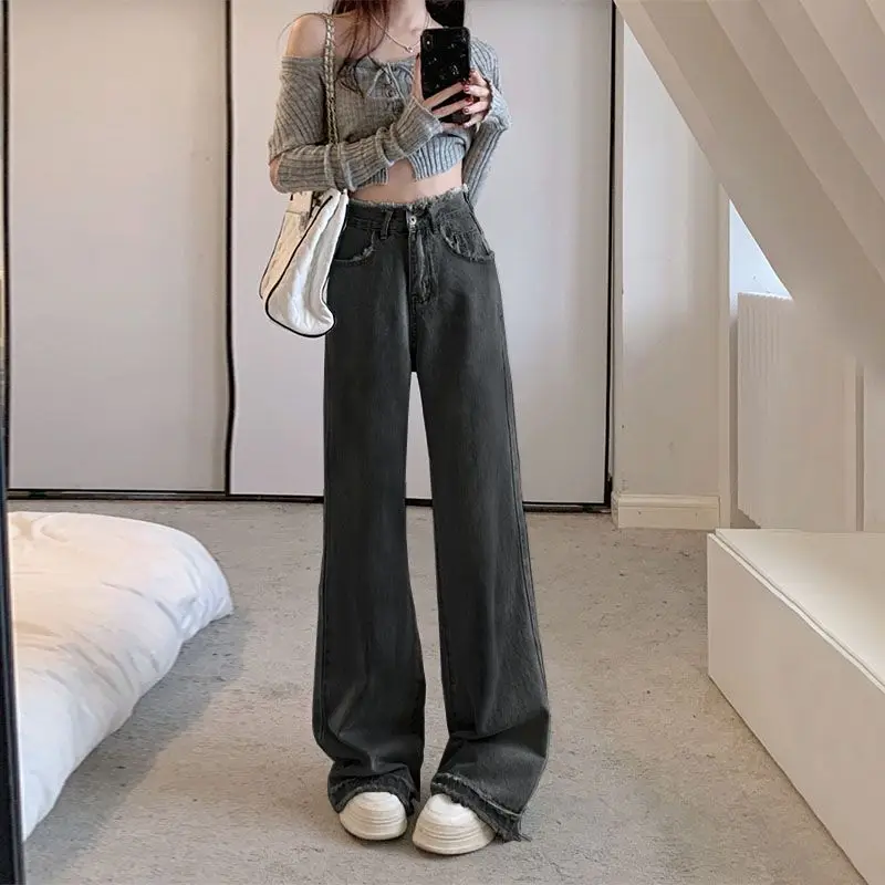 

2026 Trendy Wide Leg Jeans for Women High Waist Straight Fit Raw Hem Design Perfect for Pear Shape Body Drag Pants