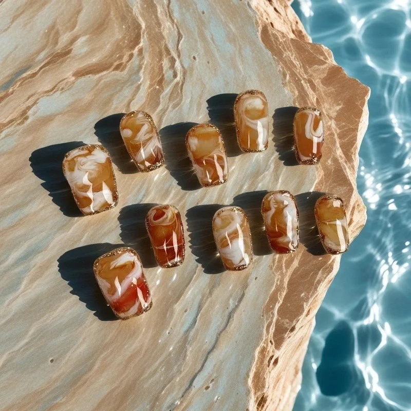 

10pcs Hand blended gradient Fake Nail Tips Caramel Designs Handmade Press On Nails Square Coffin False Nails