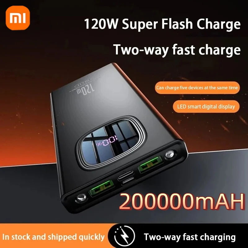 باور بانك Xiaomi 200000mAh بقدرة 120 وات، شحن سريع، سعة كبيرة جدًا، شاشة رقمية، بطارية خارجية محمولة لهاتف آيفون وسامسونج