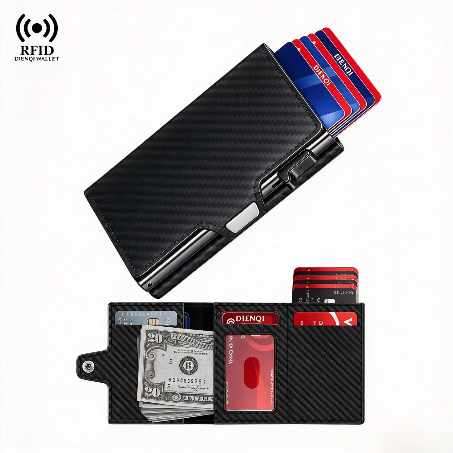 Money Clip Wallet for Men RFID Pop‑Up Luxury Wallet Slim Minimalist Credit Card Holder with Zipper Coin Pocket Business Purse