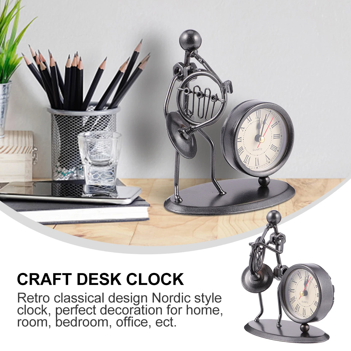 

Retro Nordic Style Table Iron Design Home Office Bedroom Room Clock Craft Desk Vintage Metal Alarm Clock For Decoration