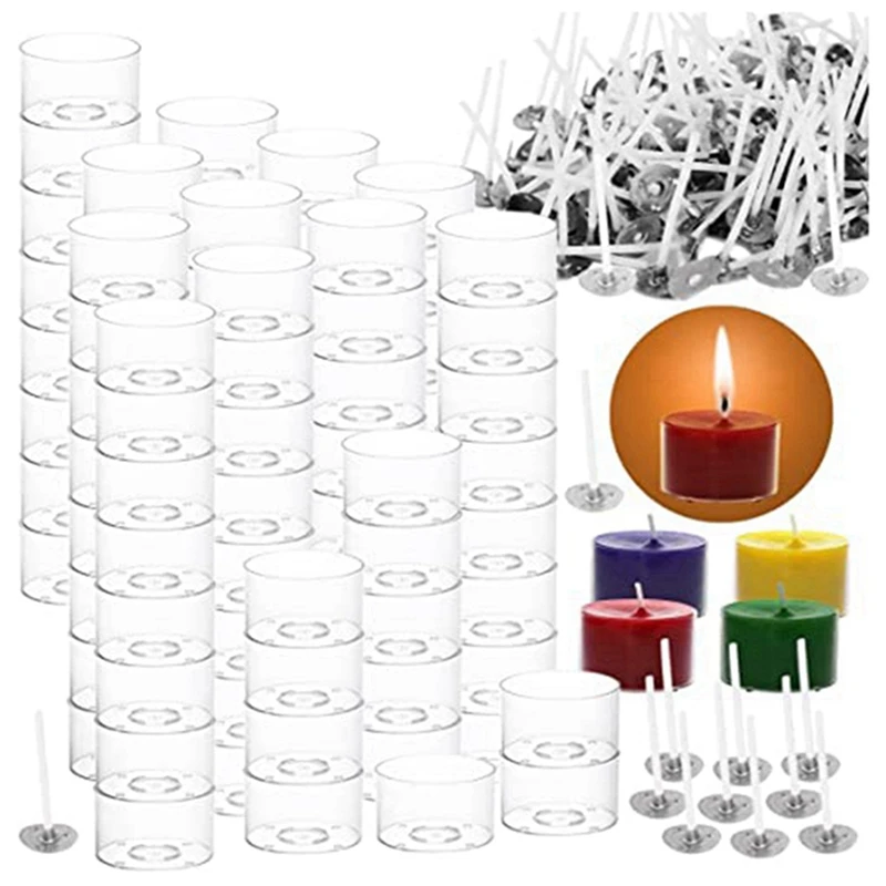 

200 Pcs Tea Light Candle Cups-Plastic Clear Candle Making Kit -200 Pcs Candle Wick - Candle Wax Jars Molds