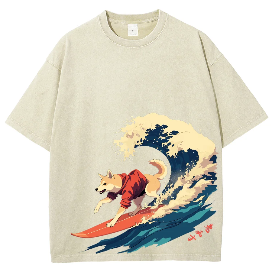 Anime Y2K Washed T shirt, Dog Surfing Sea Wave Ukiyoe Style, Oversized Vintage Summer Streetwear Washed T-shirts For Women Men