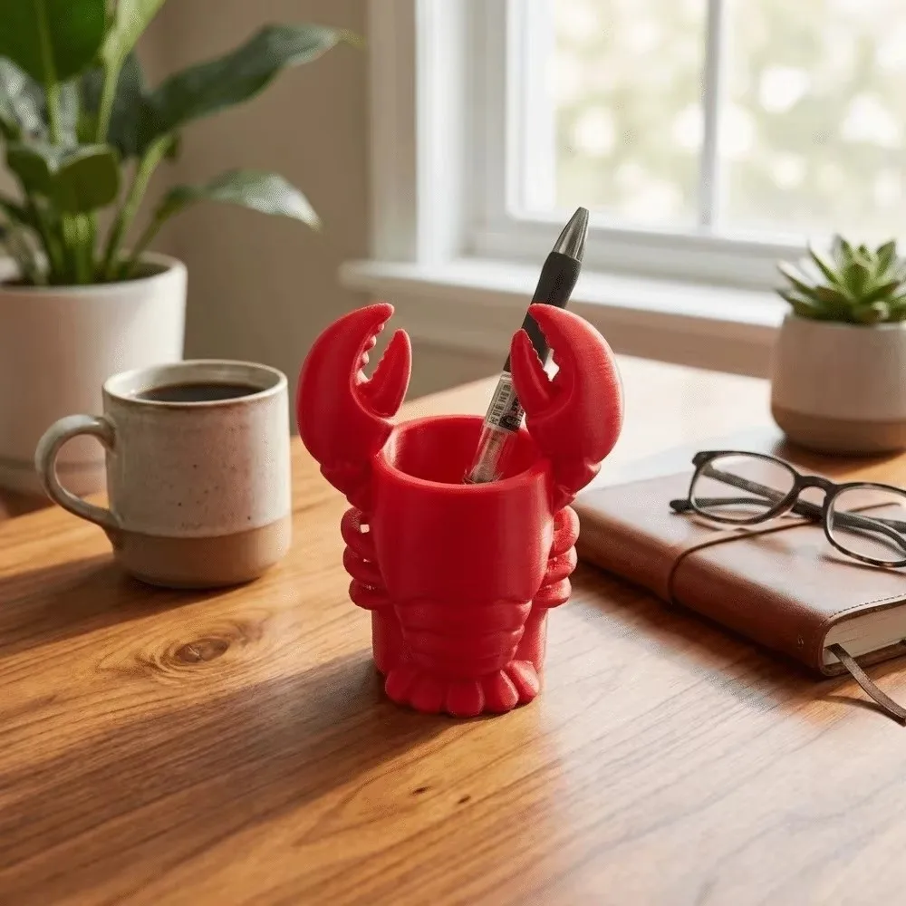 3D Printed Lobster-Shaped Pen Holder Novelty Figurine Cute Pencil Holder Plastic Cosmetic Brush Holder Desk Decoration
