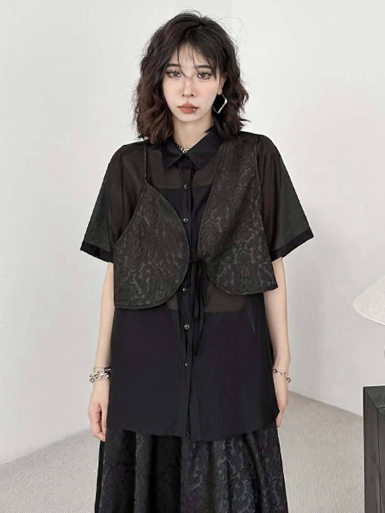 [EAM] Black Shirt Big Size Half-body Skirt Two Pieces Suit New Lapel Short Sleeve Women Fashion Tide Spring Summer 2025 1DH5405