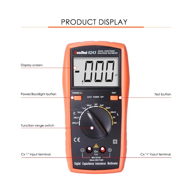 RuoShui 6243 Digital Capacitance LCR Meter Handheld Capacitor Transistor ESR Tester LCD Backlight Diode Capacimetro Multimeter