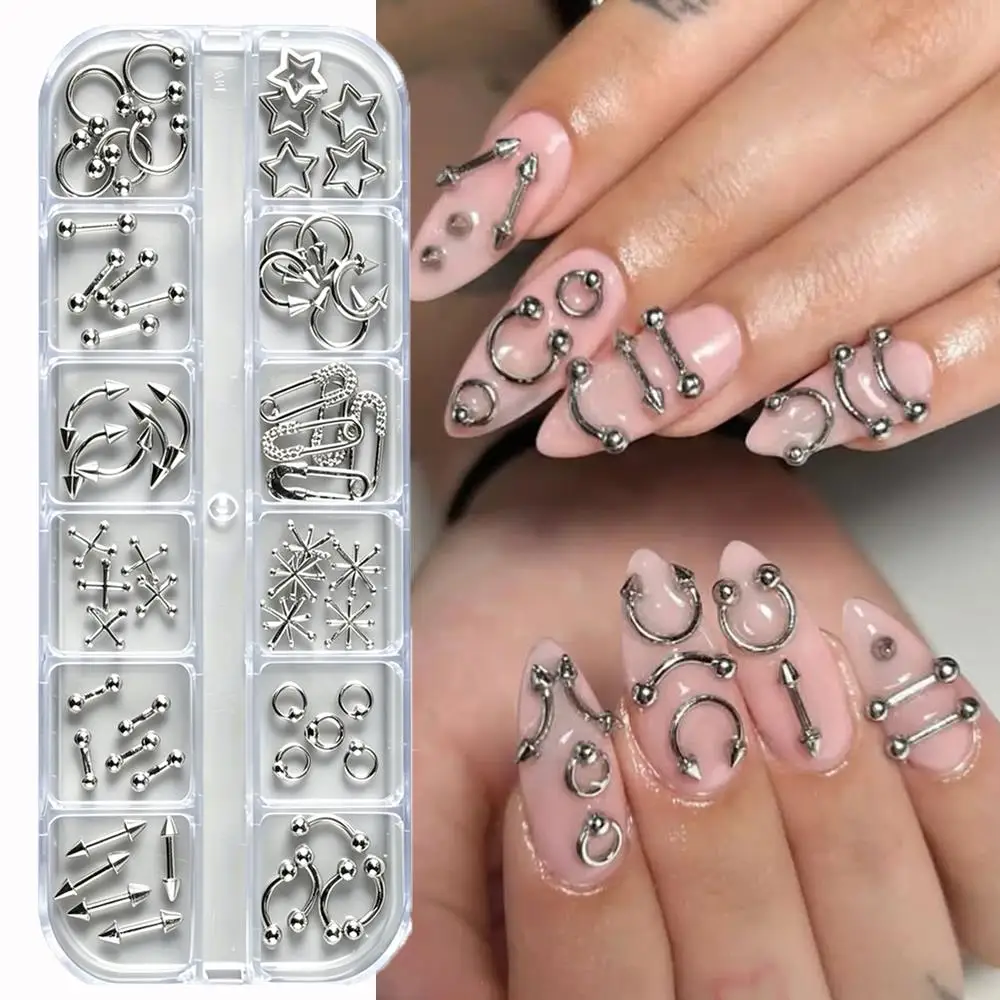 6/12Grids 3D Silver Punk Piercing Nail Charms Hollow Star Safety Pin Arrow Hoop Cross Alloy Nails Rivet Cool Manicure Accessorie