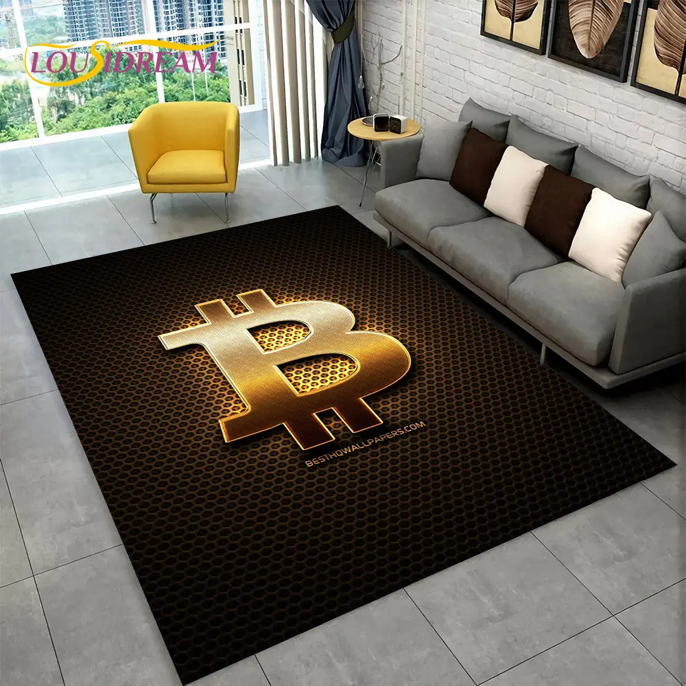 

3D Bitcoin Virtual Currency Area Rug Large,Carpet Rug for Living Room Bedroom Sofa Playroom Doormat Decor,Kid Non-slip Floor Mat