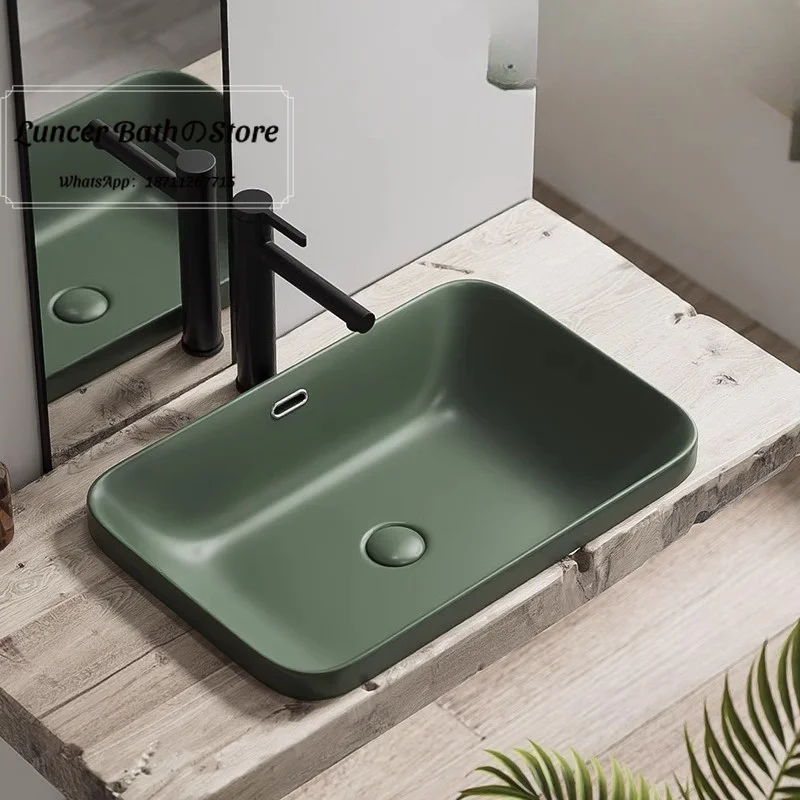 Matte Dark Green Square Ceramic Vanity Basin Gunmetal Mid-mount Bathroom Wash Sink Household Use