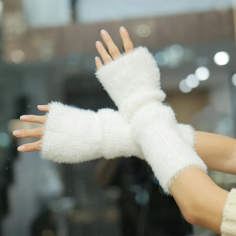 Autumn Winter Furry Sleeves Party Fingerless Gloves Warm Knit Elbow Protection Arm Sleeves Women Halloween Costume