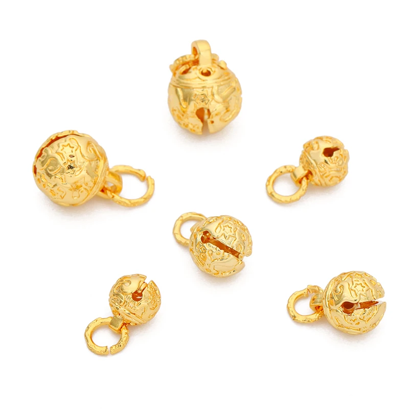 8/10/12mm 18K Gold Plated Copper Jingle Bell Charm Pendant Pet Hanging Bead for Necklace Bracelet DIY Craft Jewelry Making