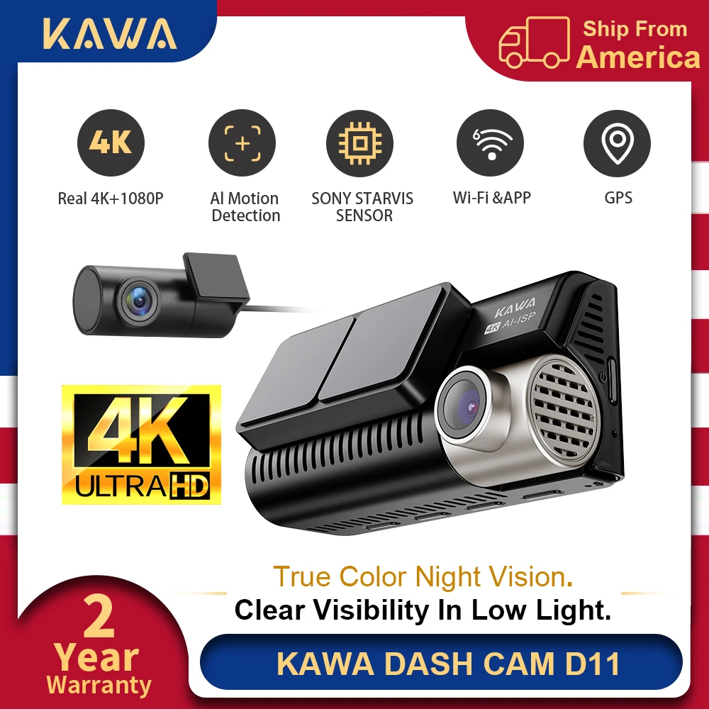 KAWA Dash Cam D11 4K Front and Rear 2 Channel WiFi GPS Video Recorder AI-ISP Color Night Vision Motion Starvis Sensor Dashcam Car DVR