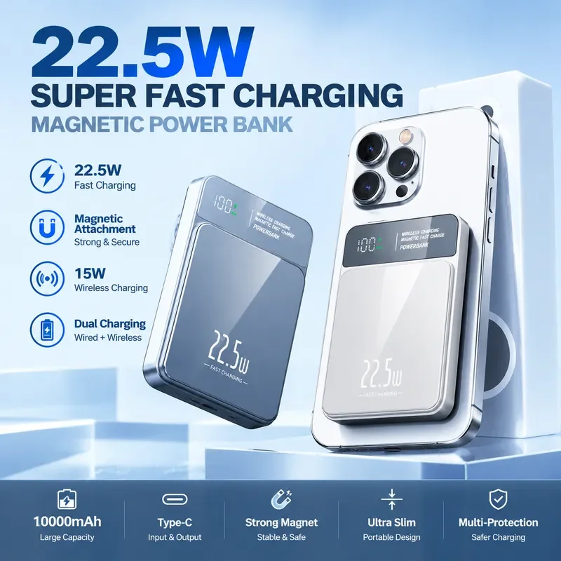 Magnetic Wireless Fast Charging Power Bank Ultra Thin Portable Super Fast Charge 10000mAh Mobile Power