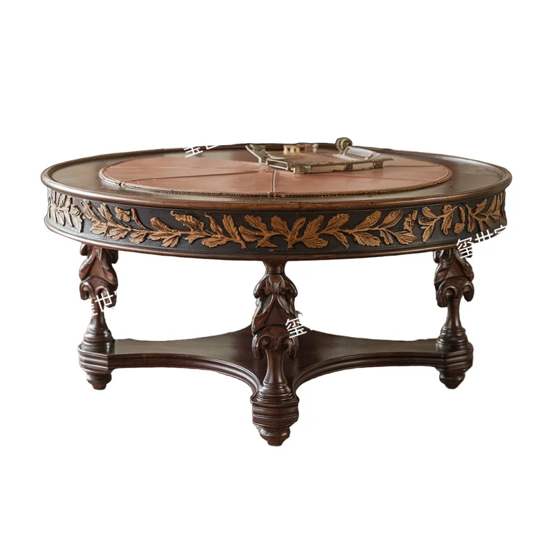 

American retro solid wood carving flower coffee table high-end French antique living room round low tea table coffee table