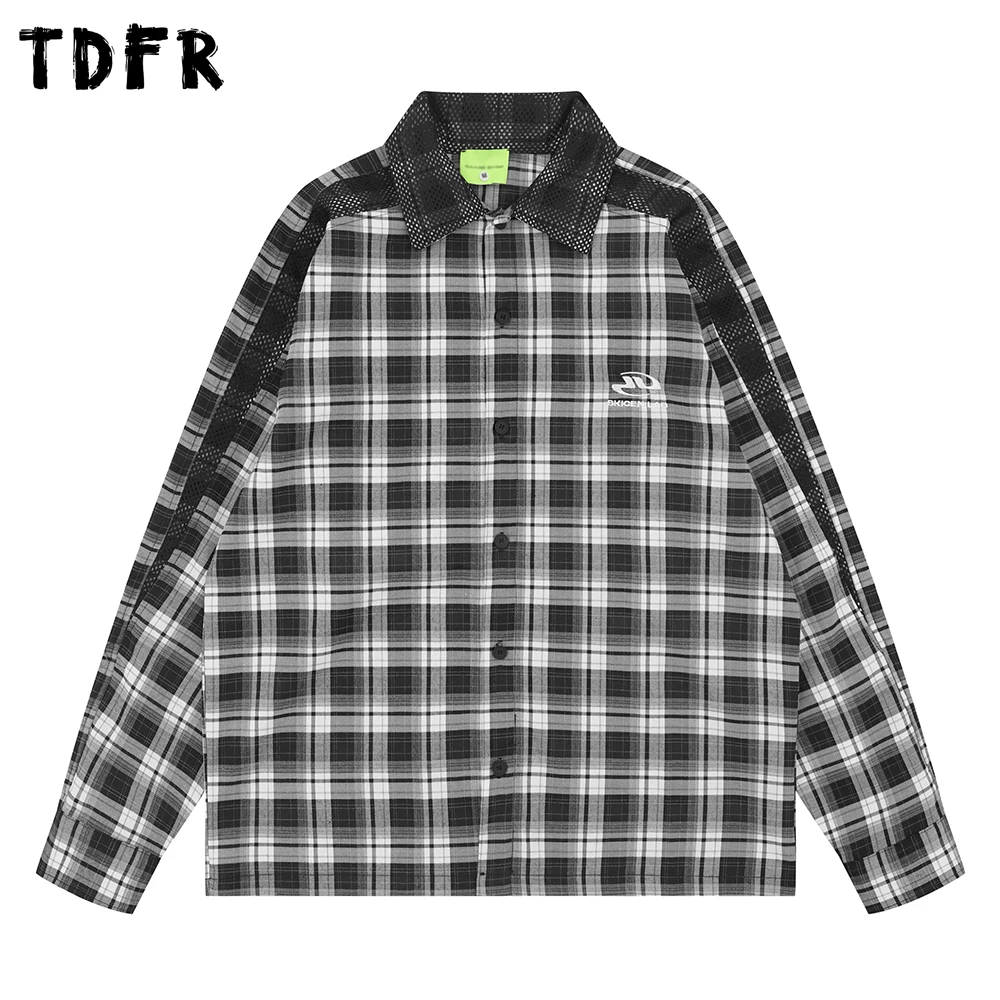 

Mesh Spliced Plaid Long Sleeve Shirts Mens Embroidery Autumn Casual Loose Single Breasted Lapel Raglan Sleeve Shirt Man