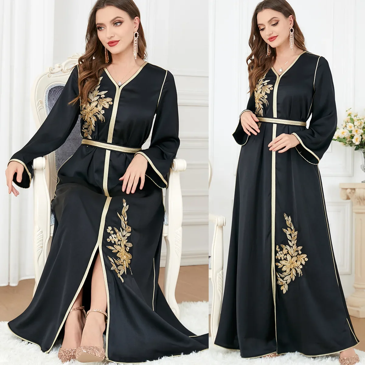 

2025 Lady Ramadan Muslim Fashion Chiffon Embroidered Long Dress Turkish Arab Islamic Women Moroccan Kaftan Belt Black Dress