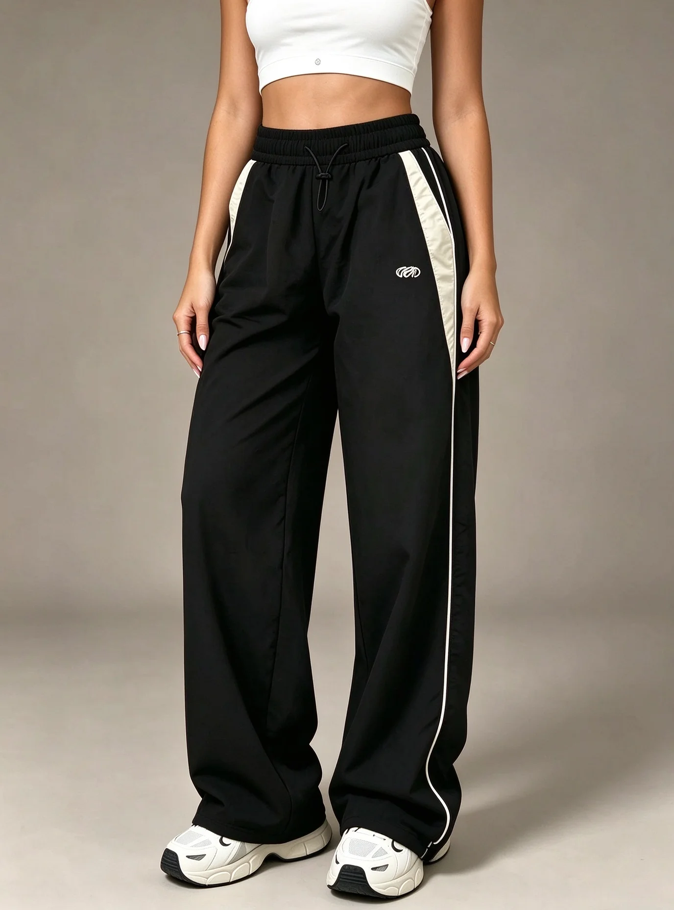 Women Casual Wide Leg Cargo Pants Drawstring Solid Streetwear Elastic Waist Sweatpants Loose Joggers Hip Hop Baggy Trousers