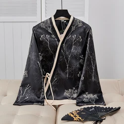 Vintage Chinese Style Women's Jacket Jacquard Acetate V-Neck Lace-up Top Celebrity Party Autumn Fashion Chic Cardigan Black Coat