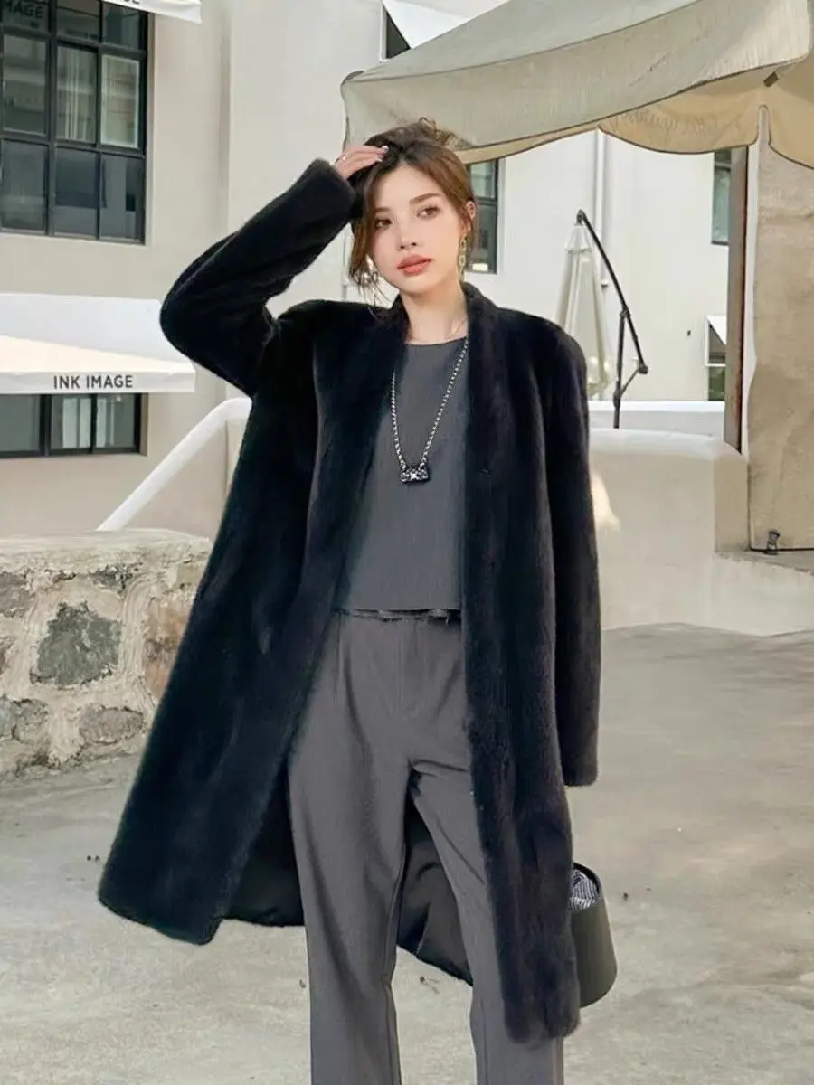 Faux Fur Mink Coats Womens Vintage Commute Daughter Retro Tassels Seamless Horn-Button Straight-Cut Slender Lacing Handmade Slim