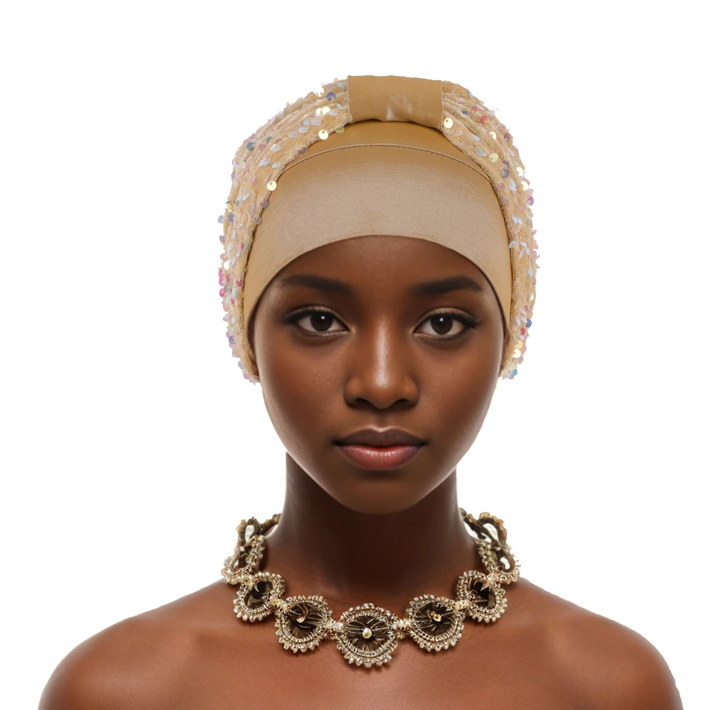 Afrcian Lady Head Wraps  Sequins Turban Cap for Women Muslim Turbans Hat Nigeria Headwear Headtie Turbante Mujer