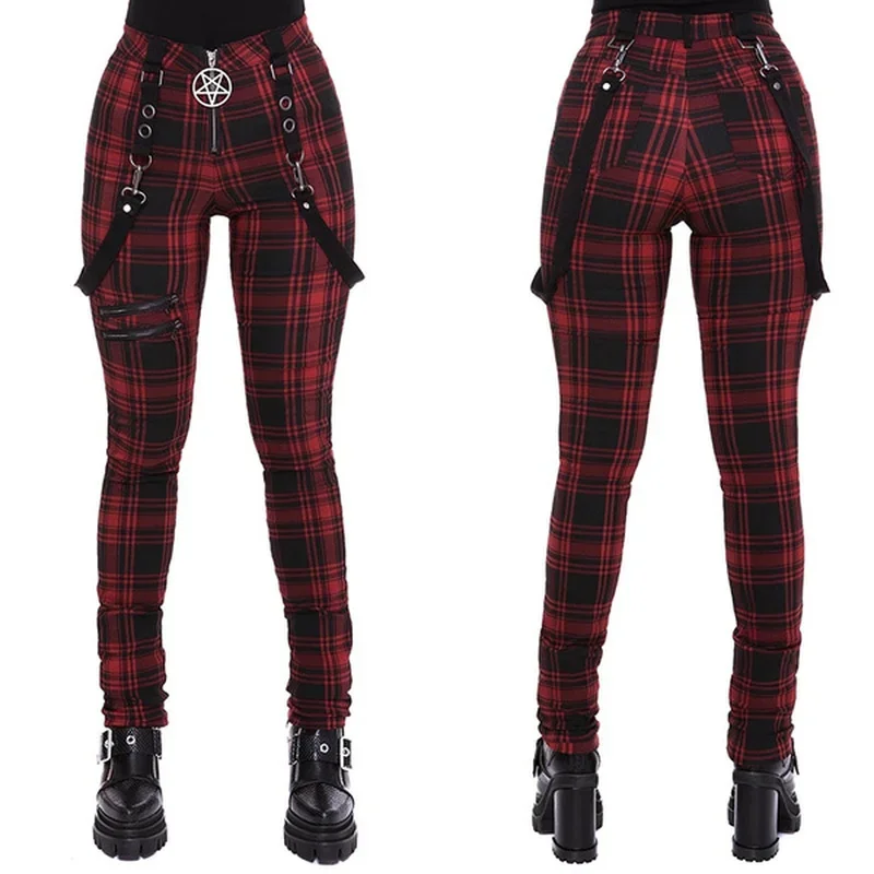 2021 fashion Gothic Plaid strap pants for women high waist punk zipper design casual tight long pants hip hop streetwear trouser