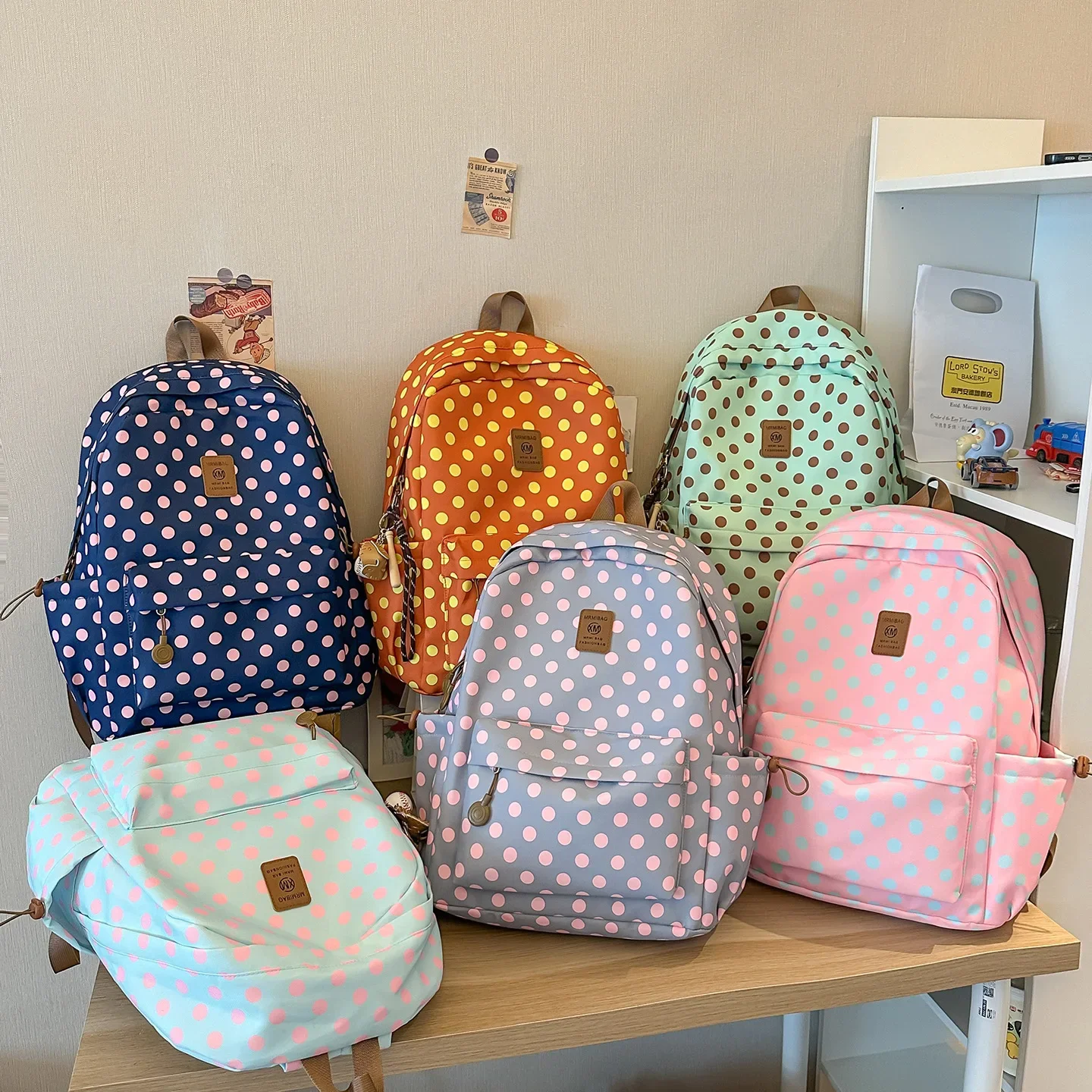 2026 Women's Casual Mint Green Polka Dot Backpack with Brown Top Handle and Zipper Pocket Large Capacity School Bag for Travel
