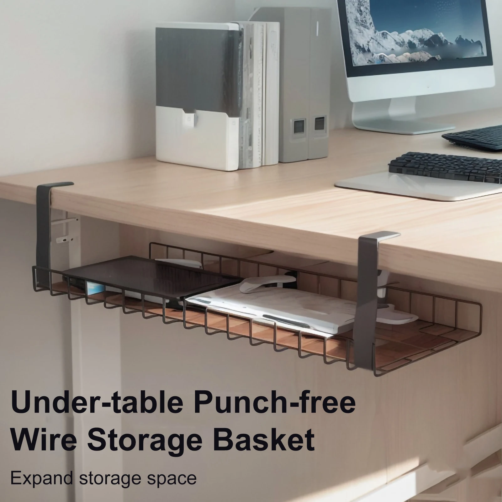 Under Table Storage Rack Metal Cable Management Tray Home Office Desk Wire Organizer No Punching Kitchen Storage Accessories