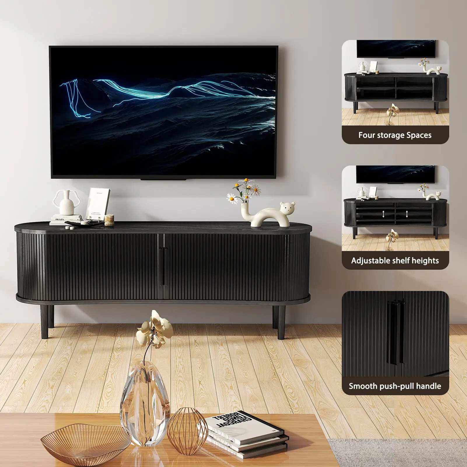 TV Stand MDF Mid Century Modern Media Console Table Entertainment Center with Storage Handle Door for Living Room Office