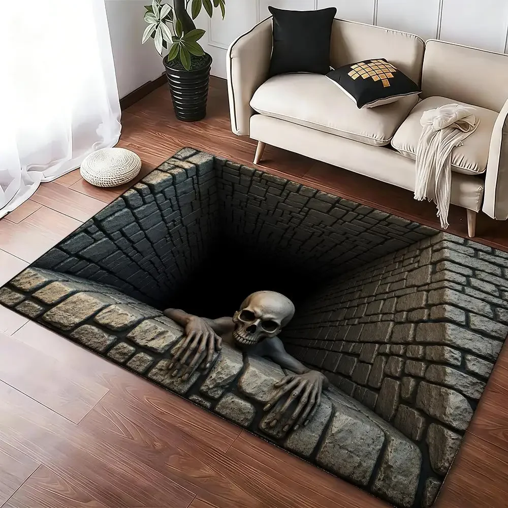 3D Optical Illusion Skull Pit Doormat Thickened Absorbent Non-Slip Floor Mat Bedroom Living Room Door Mat Flannel Rug