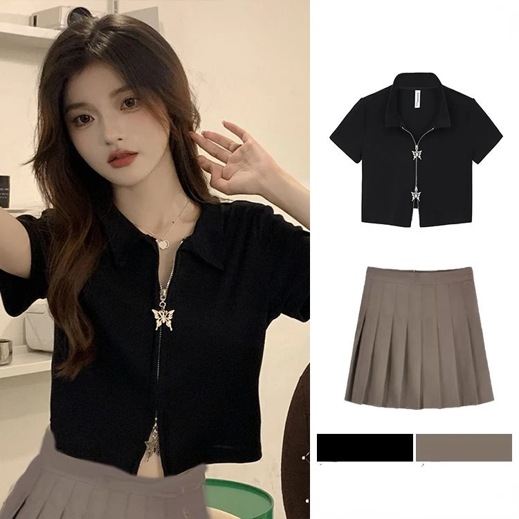 Two Piece Set T-shirt for Women's Summer Short Sleeved Irregular Short Zippered Sweet and Spicy Top+pleated Skirt JK Short Skirt